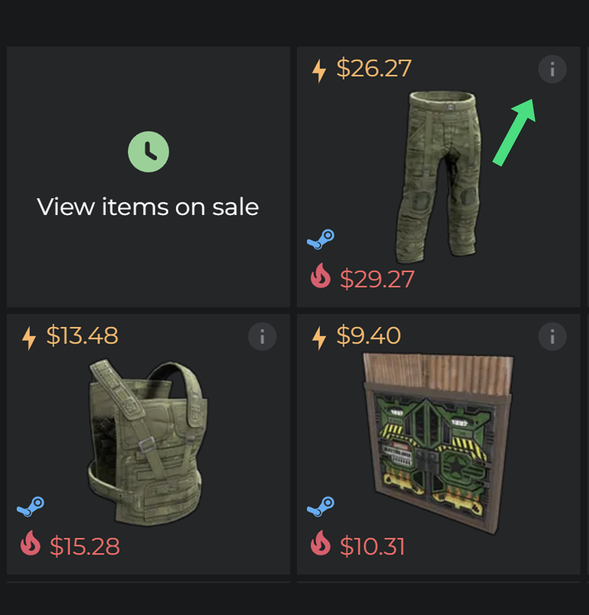 DMarket's items-on-sale grid, showing an item's lower Instant Sell price next to its higher target price