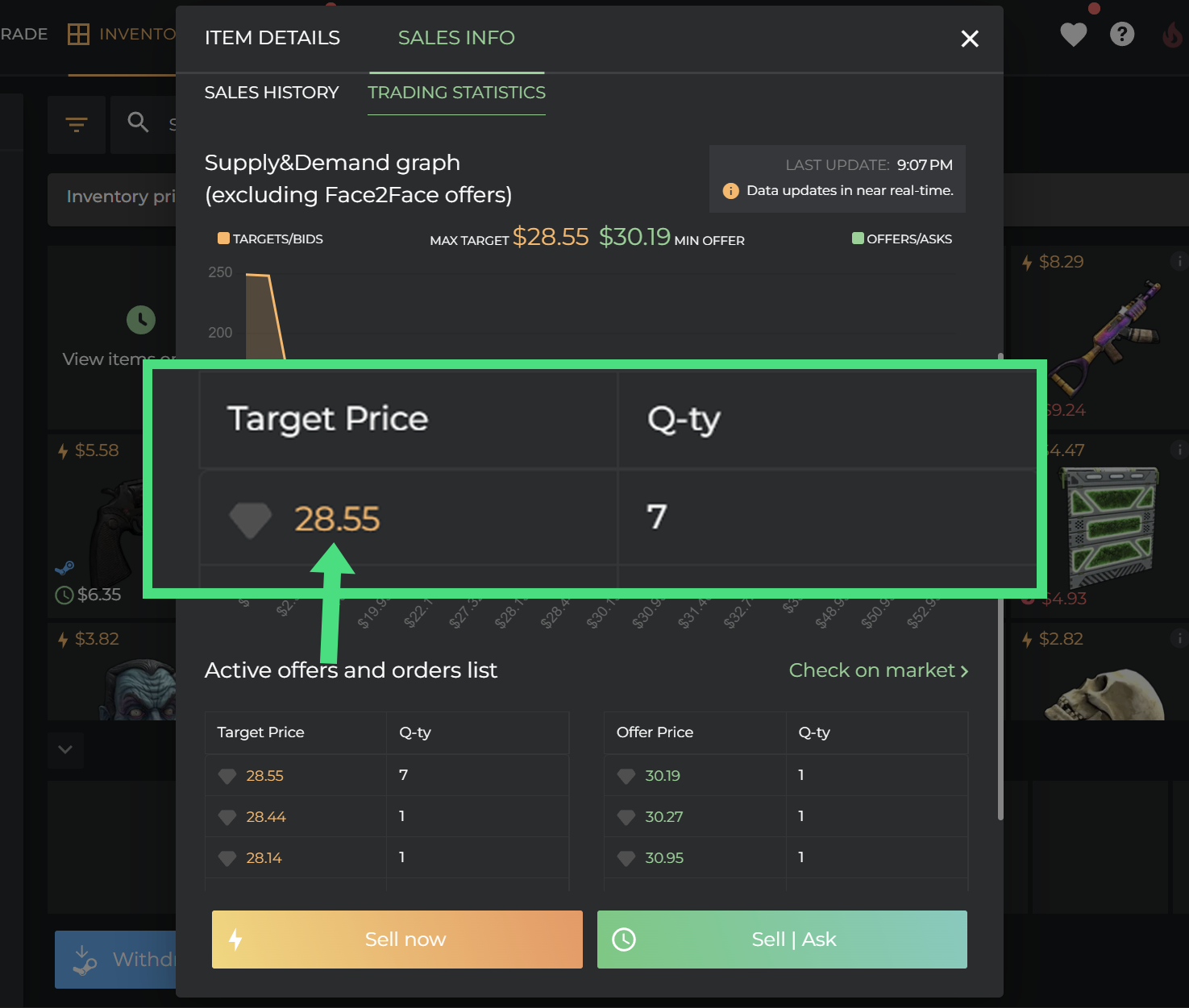 DMarket's Target Price table, showing the highest current buy order for an item