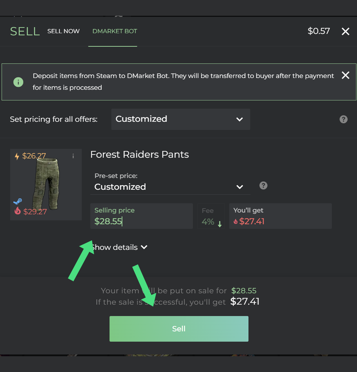 DMarket's sell dialog with a custom selling price typed in matching the target price